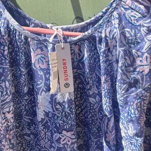 Sundry Blue and Pink Floral Scoop Neck Dress